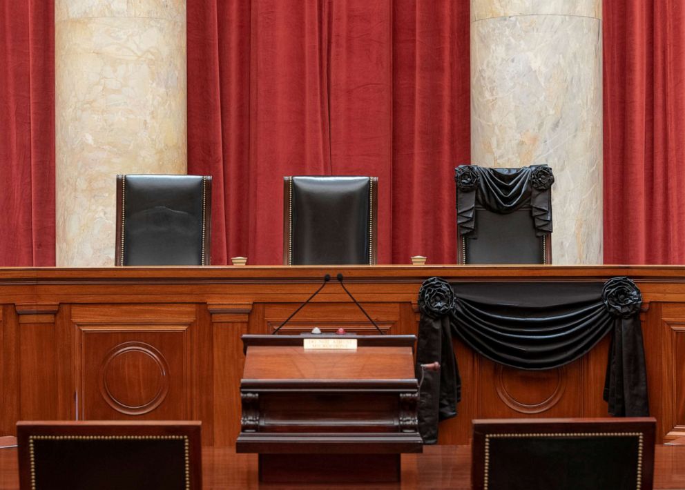 PHOTO: An interior view of the Supreme Court shows the bench draped with black bunting in honor of the late Justice Ruth Bader Ginsburg in Washington, D.C. in photo released on Sept. 20, 2020.