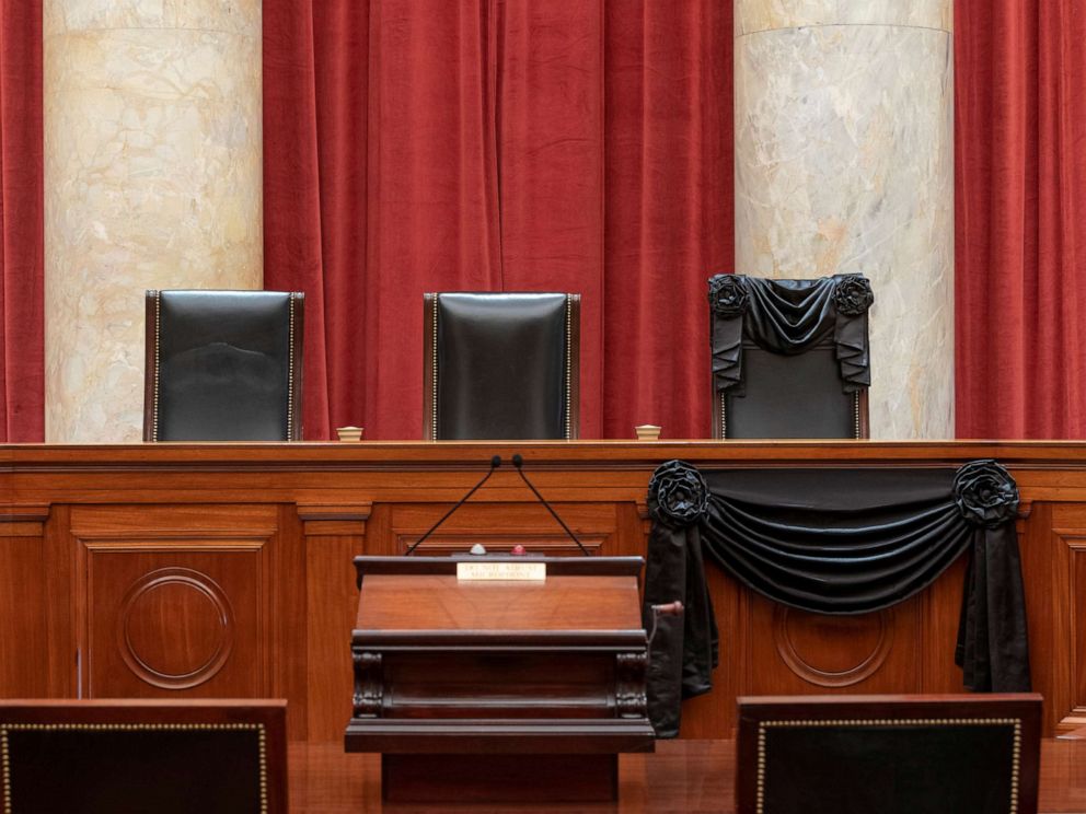 PHOTO: An interior view of the Supreme Court shows the bench draped with black bunting in honor of the late Justice Ruth Bader Ginsburg in Washington, D.C. in photo released on Sept. 20, 2020.