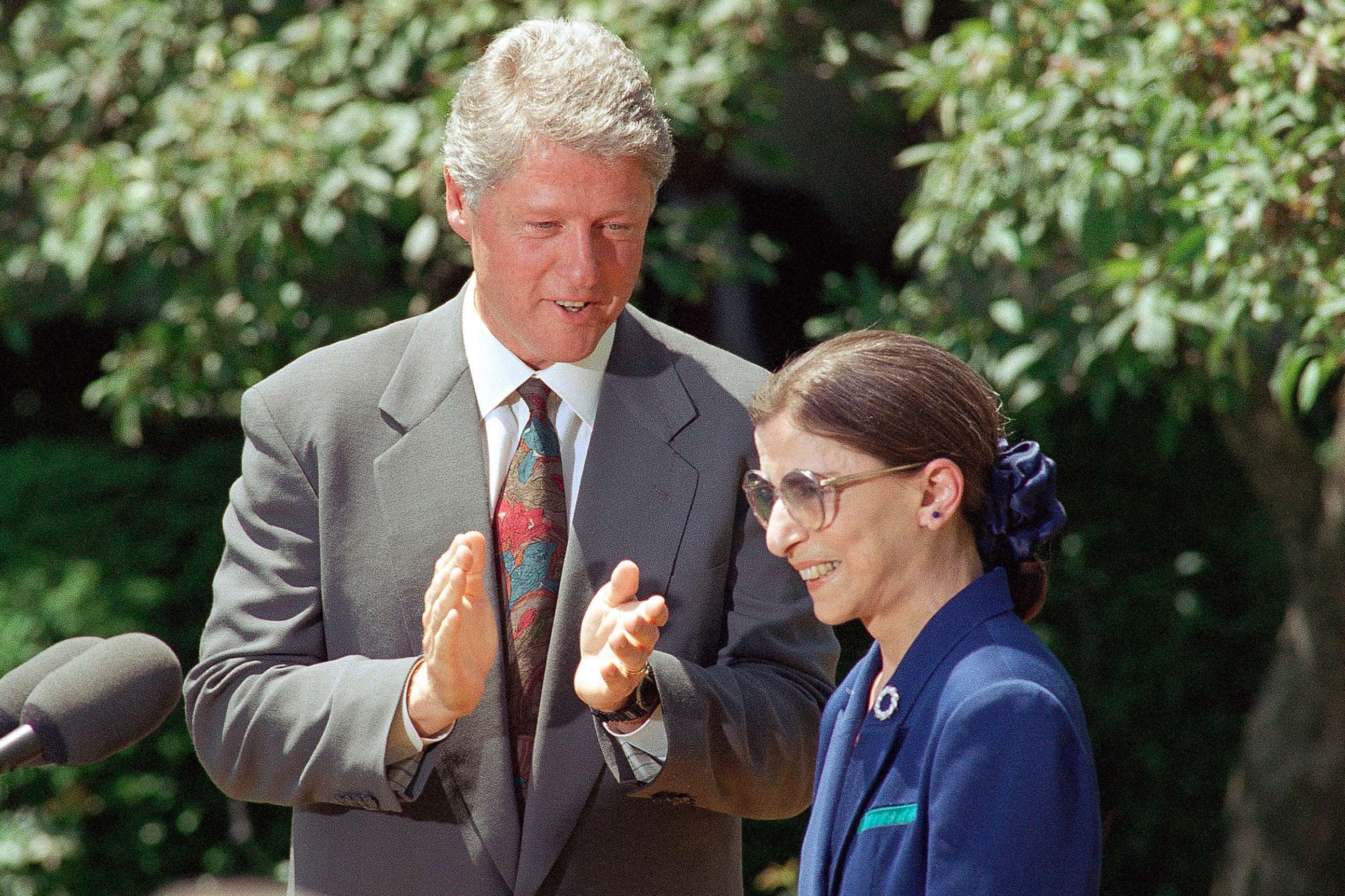 PHOTO: In this June 15, 1993, file photo, President Bill Clinton applauds as Judge Ruth Bader Ginsburg prepares to speak in the Rose Garden of the White House, after he announced he would nominate her to the Supreme Court.