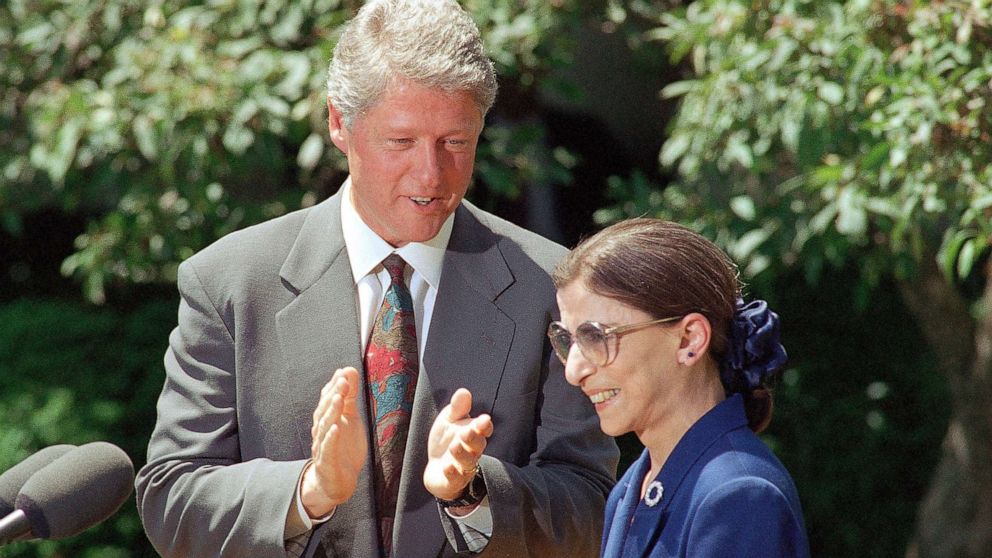 PHOTO: In this June 15, 1993, file photo, President Bill Clinton applauds as Judge Ruth Bader Ginsburg prepares to speak in the Rose Garden of the White House, after he announced he would nominate her to the Supreme Court.