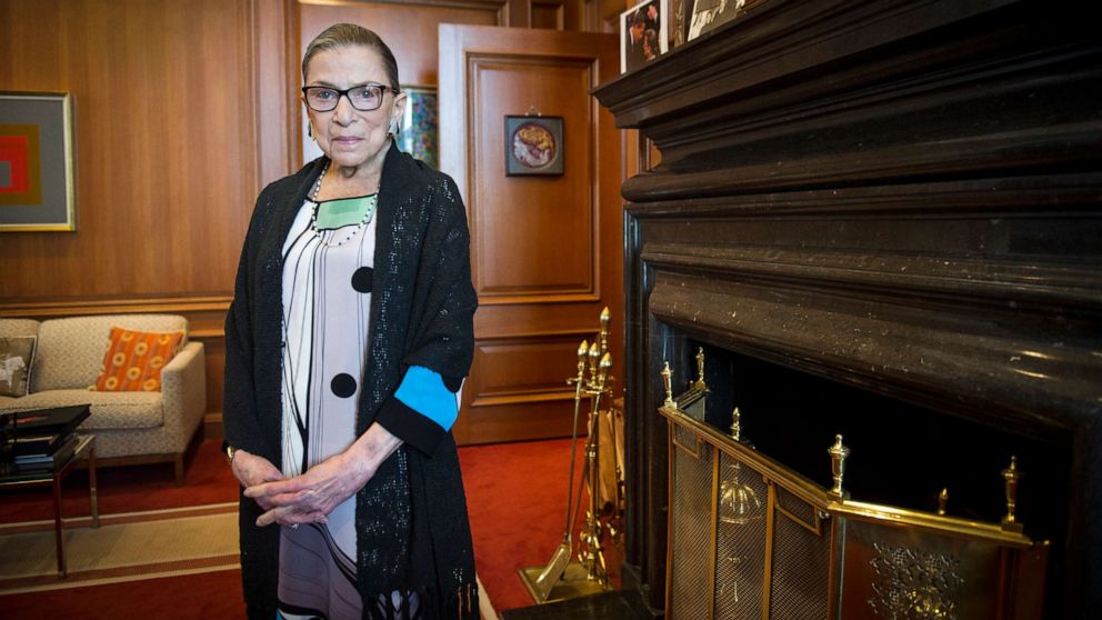 PHOTO: In this July 31, 2014, file photo, Associate Justice Ruth Bader Ginsburg is seen in her chambers in at the Supreme Court in Washington. The Supreme Court says Ginsburg has died of metastatic pancreatic cancer at age 87.