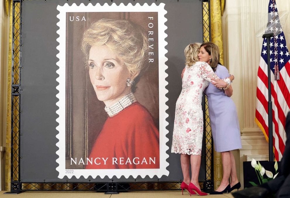 PHOTO: First Lady Jill Biden embraces Anne Peterson, Nancy Reagan's niece, at the unveiling of the Nancy Reagan stamp, in the East Room at the White House on June 6, 2022 in Washington, DC.