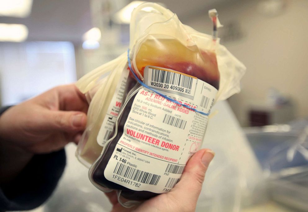 PHOTO: Donated blood is seen at The American Red Cross donation center in Scranton, Pa., March 9, 2020. 