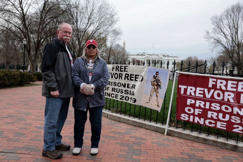 PHOTO: Joey Reed and Paula Reed, the parents of Trevor Reed, a U.S. Marine detained in a Russian prison, demonstrate in Lafayette Park near the White House on March 30, 2022 in Washington.