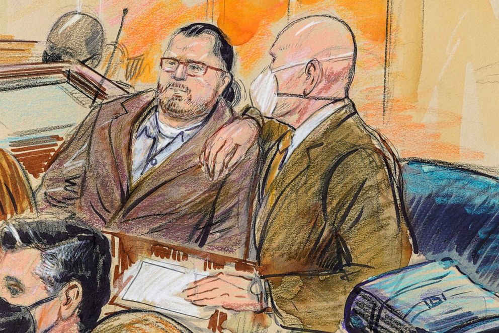PHOTO: An artist sketch depicts Guy Wesley Reffitt, joined by his lawyer William Welch, right, in Federal Court, in Washington, D.C., Feb. 28, 2022.