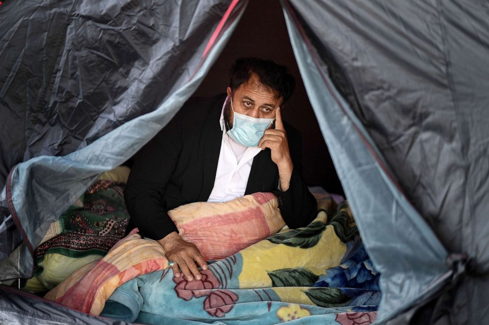 PHOTO: Abdul Safi, an Afghan asylum seeker, hunger strikes outside the Home Office building in Glasgow, Scotland, Sept. 23, 2020.