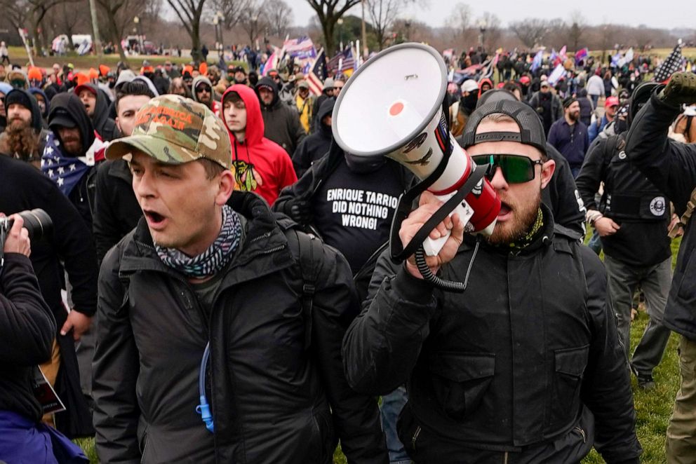PHOTO: Proud Boys members Zachary Rehl, left, and Ethan Nordean, left, walk toward the U.S. Capitol in Washington, in support of President Donald Trump, Jan. 6, 2021.
