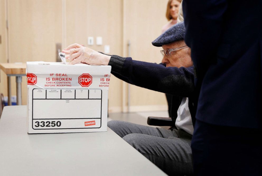 PHOTO:Former U.S. Sen. Harry Reid casts his ballot at an early voting site at the East Las Vegas library, Feb. 15, 2020, in Las Vegas. 
