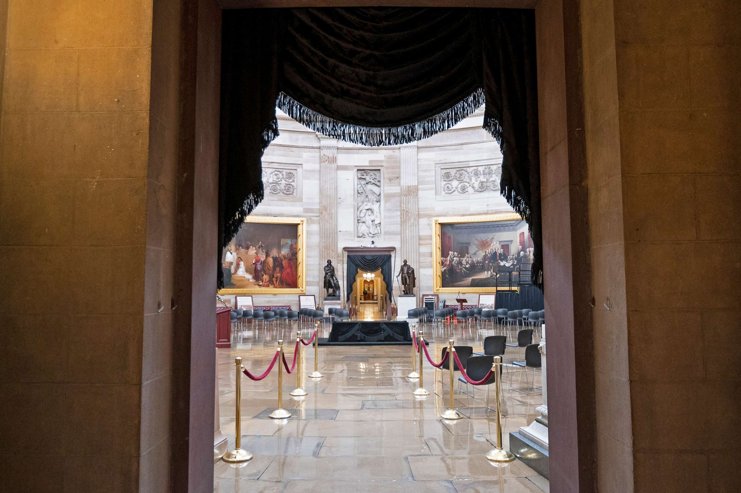 PHOTO: The Lincoln catafalque is set up in the Capitol Rotunda on Jan. 10, 2022, in preparation for former Senate Majority Leader Harry Reid to lie in state on Wednesday, Jan. 12, 2022 in Washington, D.C.