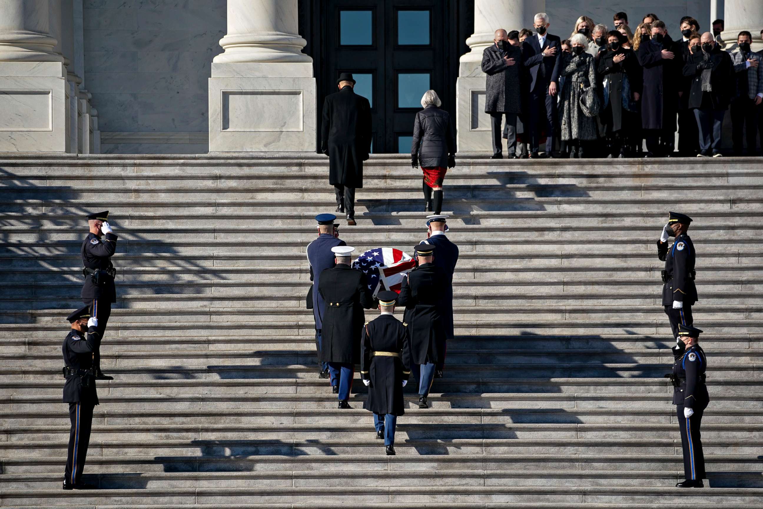 PHOTO: The casket of the late Senator Harry Reid is carried into the U.S. Capitol, on Jan. 12, 2022, in Washington, D.C., where Reid will lie in state in the Capitol Rotunda.