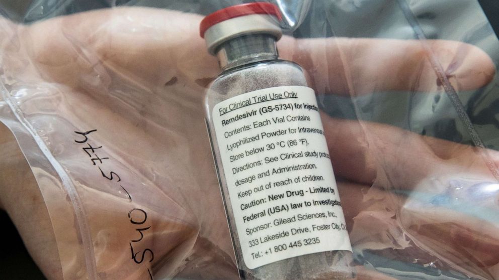 PHOTO: One vial of the drug Remdesivir is viewed at the University Hospital Eppendorf (UKE) in Hamburg, northern Germany on April 8, 2020, amidst the new coronavirus COVID-19 pandemic. 