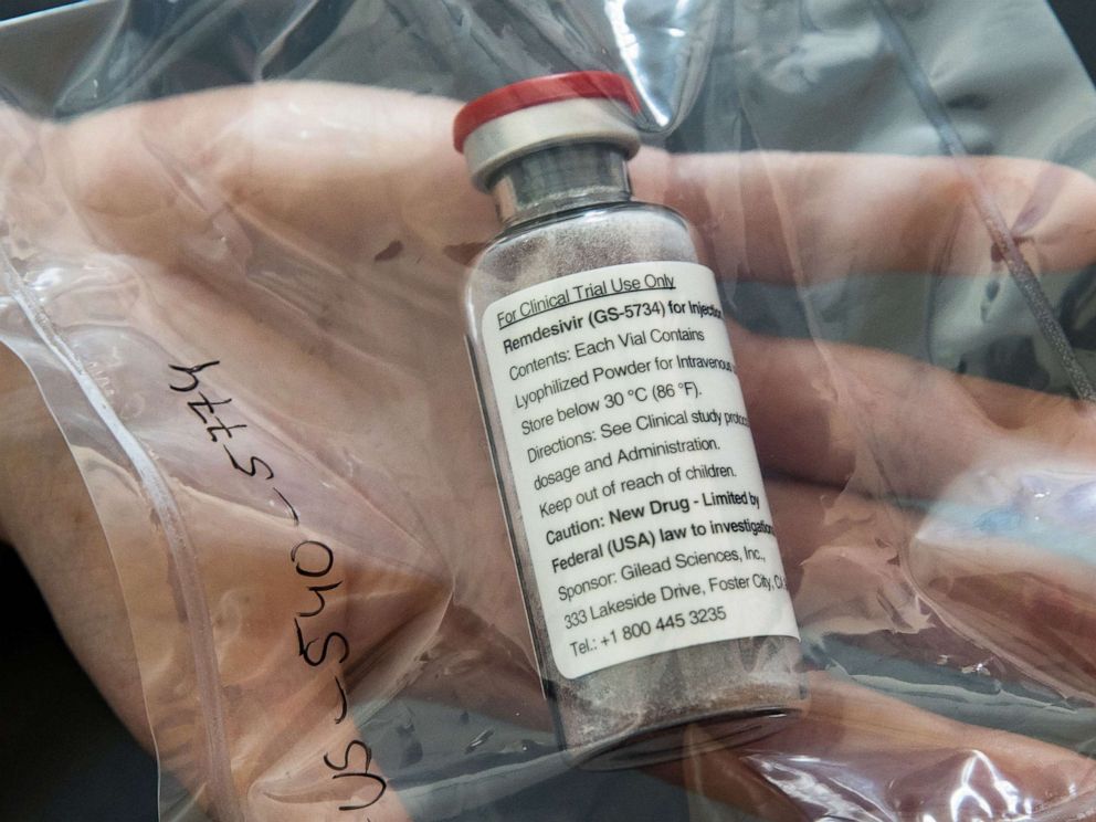 PHOTO: One vial of the drug Remdesivir is viewed at the University Hospital Eppendorf (UKE) in Hamburg, northern Germany on April 8, 2020, amidst the new coronavirus COVID-19 pandemic. 