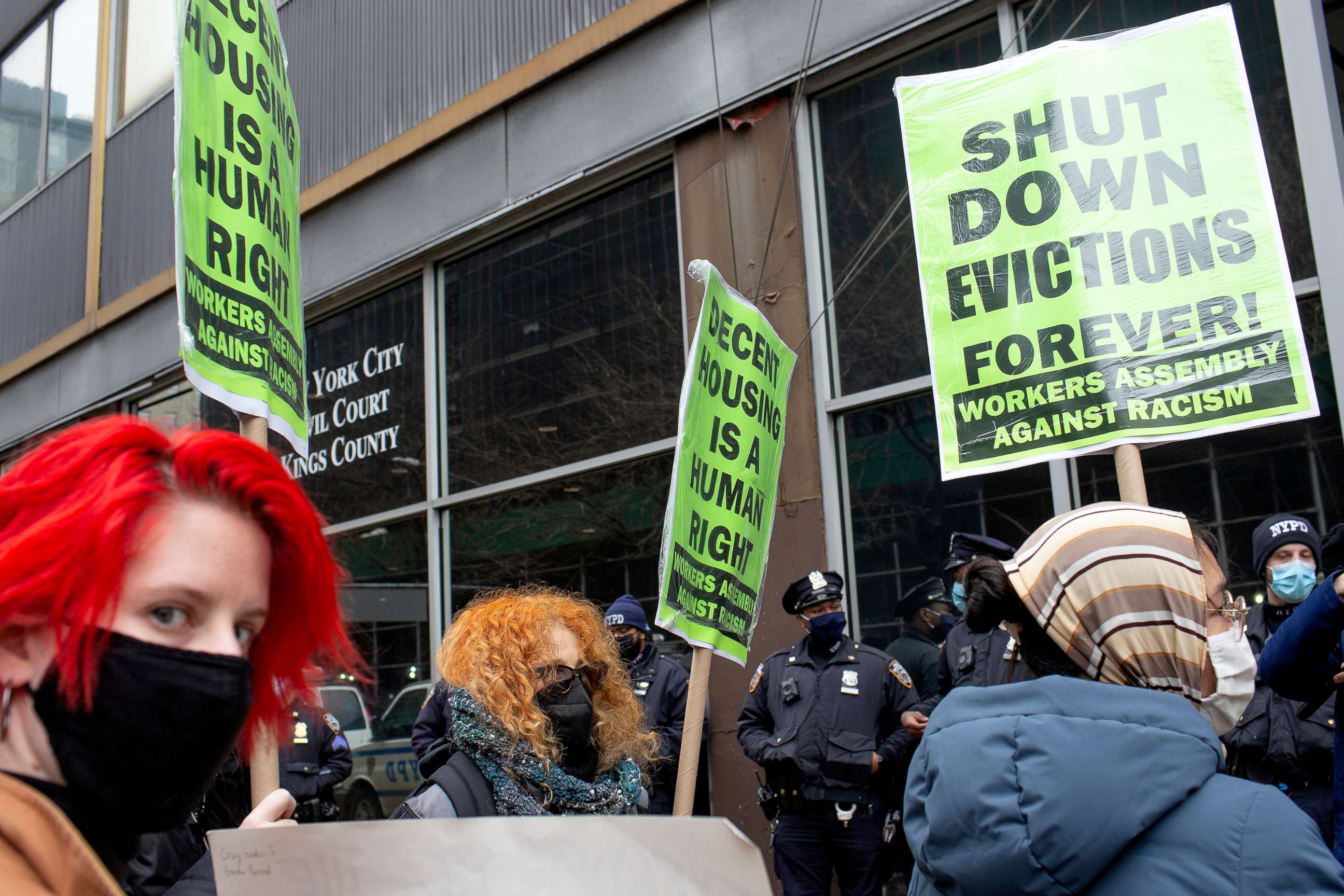 PHOTO: On the day that New York State's COVID-19 moratorium on rent expires, tenant rights activists hold a demonstration outside Civil Court in Brooklyn, New York, March 1, 2021.
