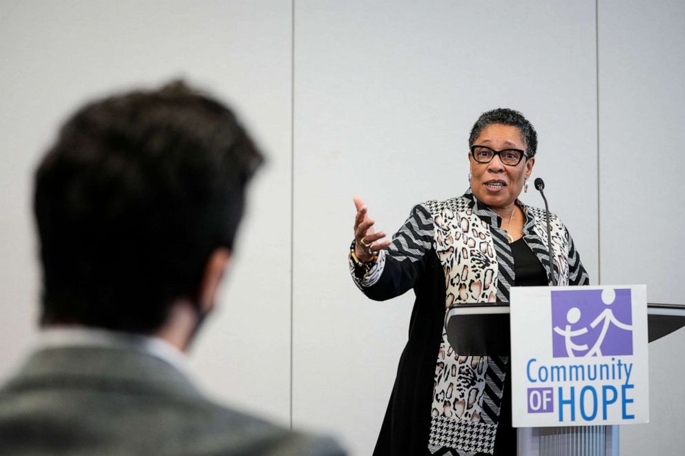 PHOTO: Secretary of Housing and Urban Development Marcia Fudge speaks to the press after taking a tour of a vaccination site at a community heath center in Washington,  May 5, 2021.