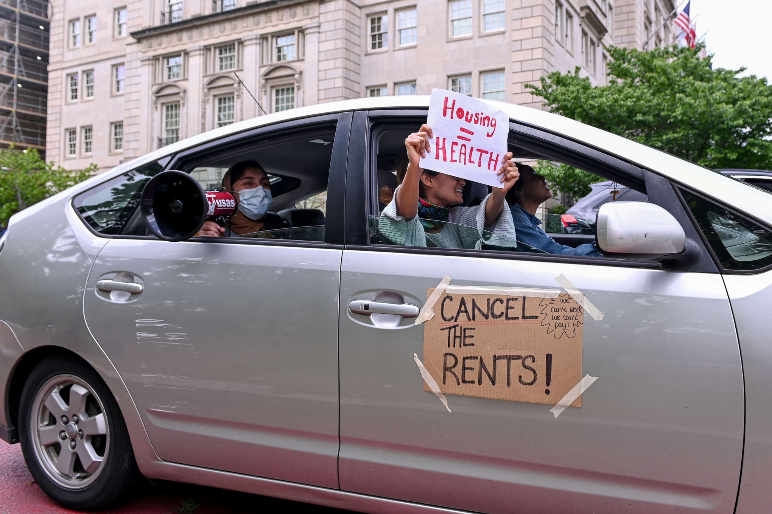 PHOTO: Protesters calling for rent payments to be cancelled drive past the White House, amid the outbreak of the coronavirus disease (COVID-19), in Washington, April 25, 2020.