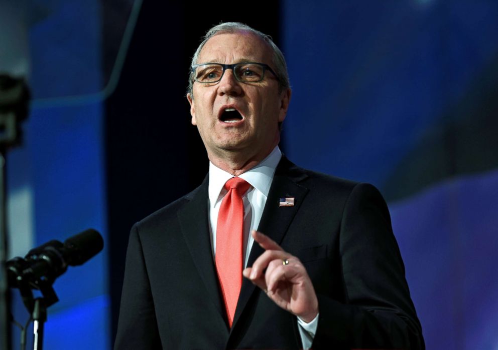 PHOTO: Rep. Kevin Cramer, R-ND, speaks at the 2018 North Dakota Republican Party Convention in Grand Forks, N.D., April 7, 2018. 