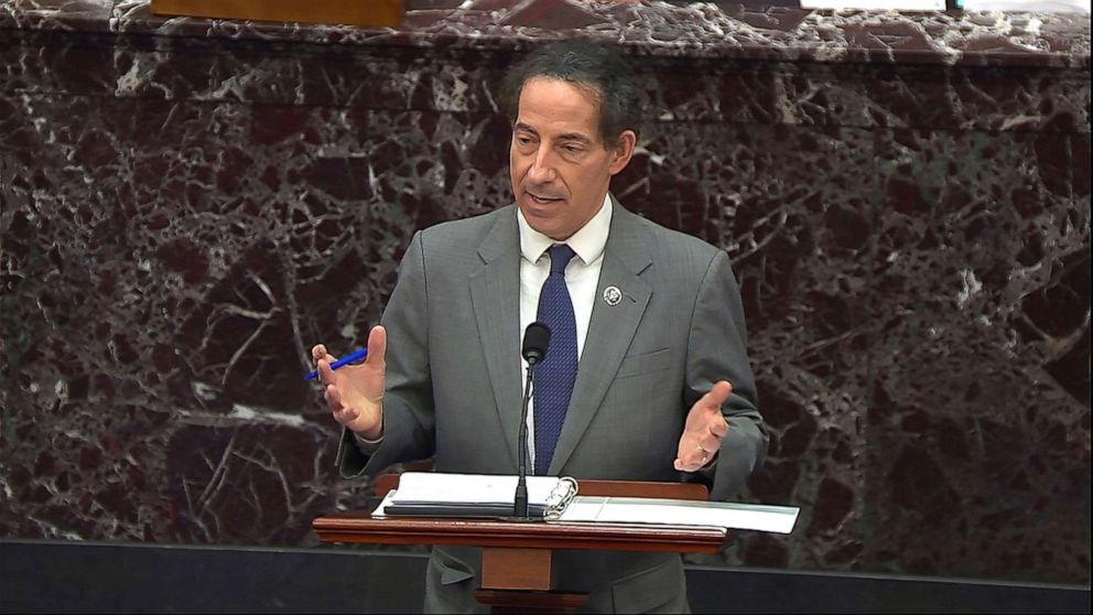 PHOTO: In this image from video, House impeachment manager Rep. Jamie Raskin, D-Md., speaks during the second impeachment trial of former President Donald Trump in the Senate at the U.S. Capitol in Washington, D.C., Feb. 10, 2021.