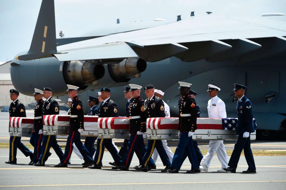 PHOTO: Military pallbearers carry the remains of U.S. service members collected in the Democratic People's Republic of Korea during Repatriation ceremony after arriving to Joint Base Pearl Harbor-Hickam, Honolulu, Hawaii, Aug. 1 2018.                   
