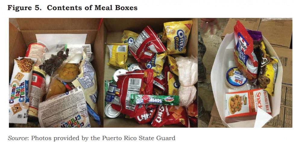 PHOTO: This image of "meal boxes" ran in a report released on Sept. 25, 2020, by the DHS Office of Inspector General. Puerto Rico officials managing hurricane Maria recovery efforts said much of the food they received from FEMA lacked nutritional value. 