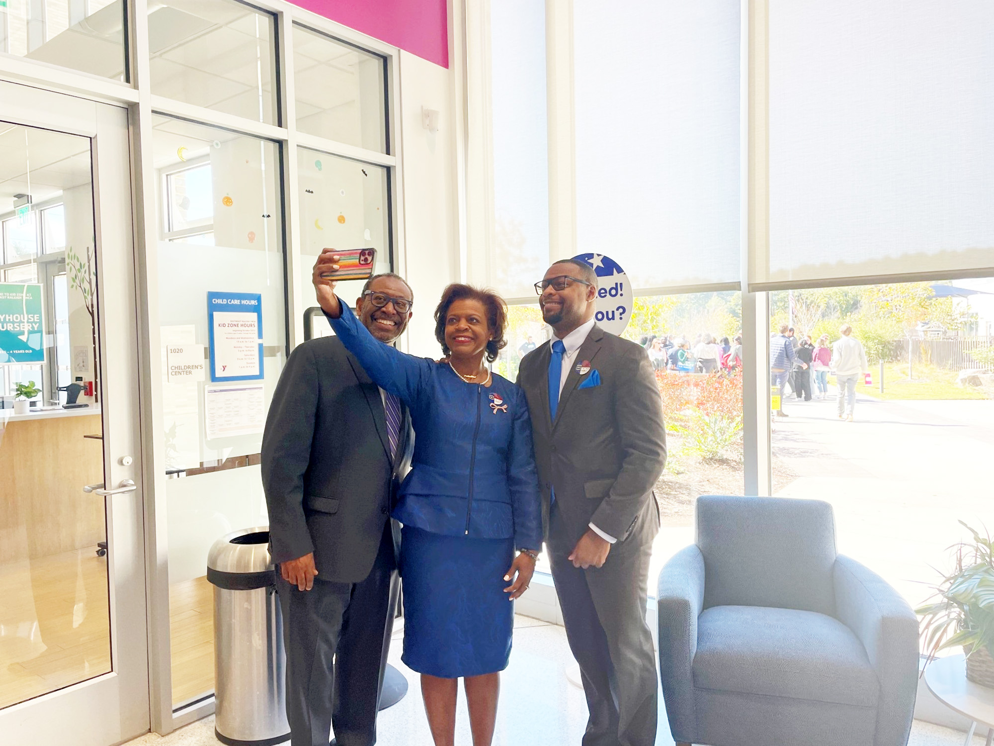 PHOTO: Cheri Beasley takes a selfie with her husband and son after voting early in-person in Raleigh, N.C.