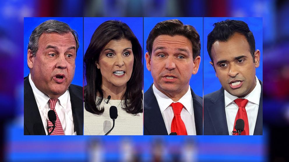 PHOTO: Republican presidential candidates, Chris Christie, Nikki Haley, Florida Gov. Ron DeSantis and Vivek Ramaswamy participate in the Republican Presidential Primary Debate, Dec. 6, 2023, in Tuscaloosa, Ala.