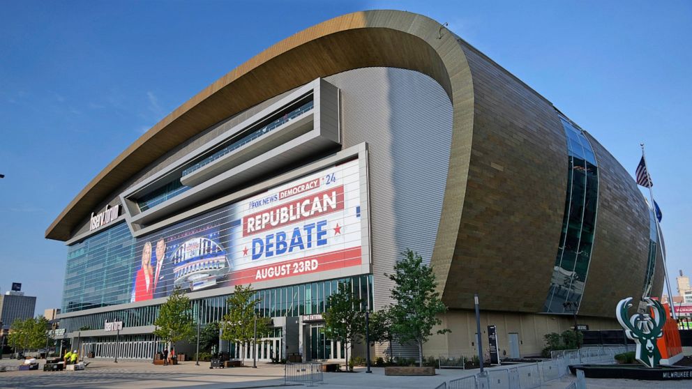 PHOTO: A Republican Debate sign is up outside Fiserv Forum in preparation of the Aug. 23 debate in Milwaukee, Aug. 21, 2023.