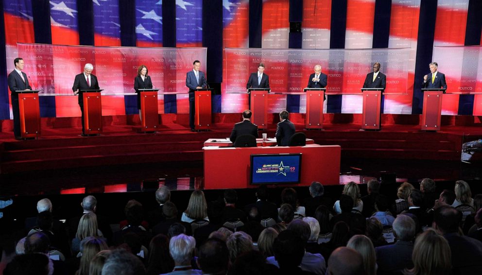 PHOTO: In this Sept. 7, 2011, file photo, Republican candidates Rick Santorum, Newt Gingrich, Michele Bachmann, Mitt Romney, Rick Perry, Ron Paul, Herman Cain and Jon Huntsman debate at the Ronald Reagan Presidential Library in Simi Valley, Calif.