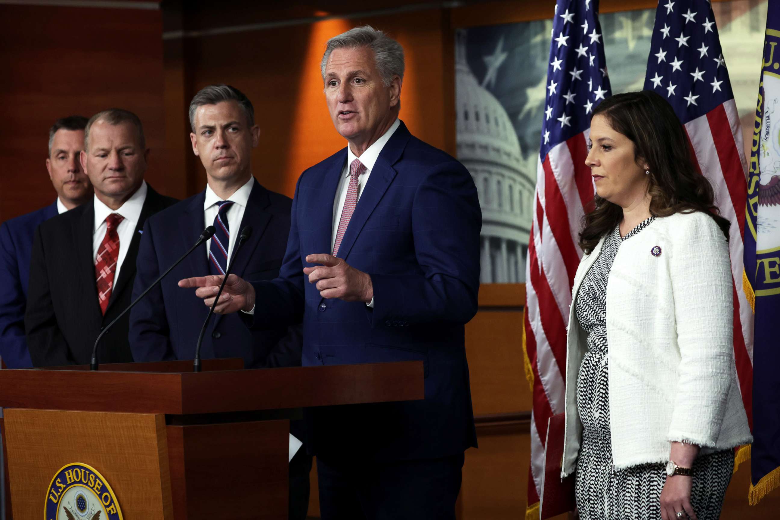PHOTO: House Minority Leader Rep. Kevin McCarthy speaks as Rep. Kelly Armstrong, Rep. Troy Nehls, Rep. Jim Banks, and House Republican Conference Chair Rep. Elise Stefanik listen during a news conference at the Capitol, June 9, 2022.