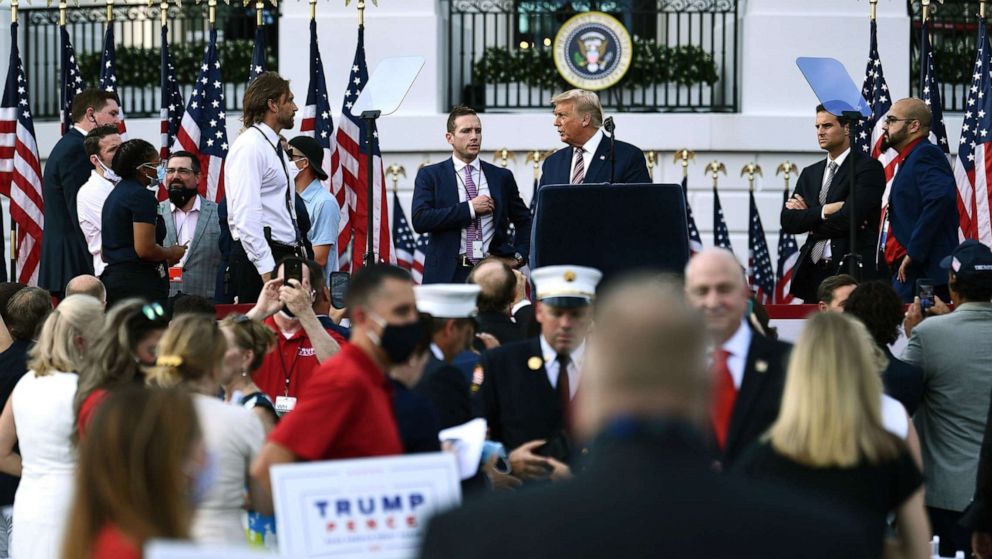 PHOTO: President Donald Trump looks at the setup ahead of his speech on the final day of the Republican National Convention on the South Lawn of the White House on Aug. 27, 2020, in Washington.