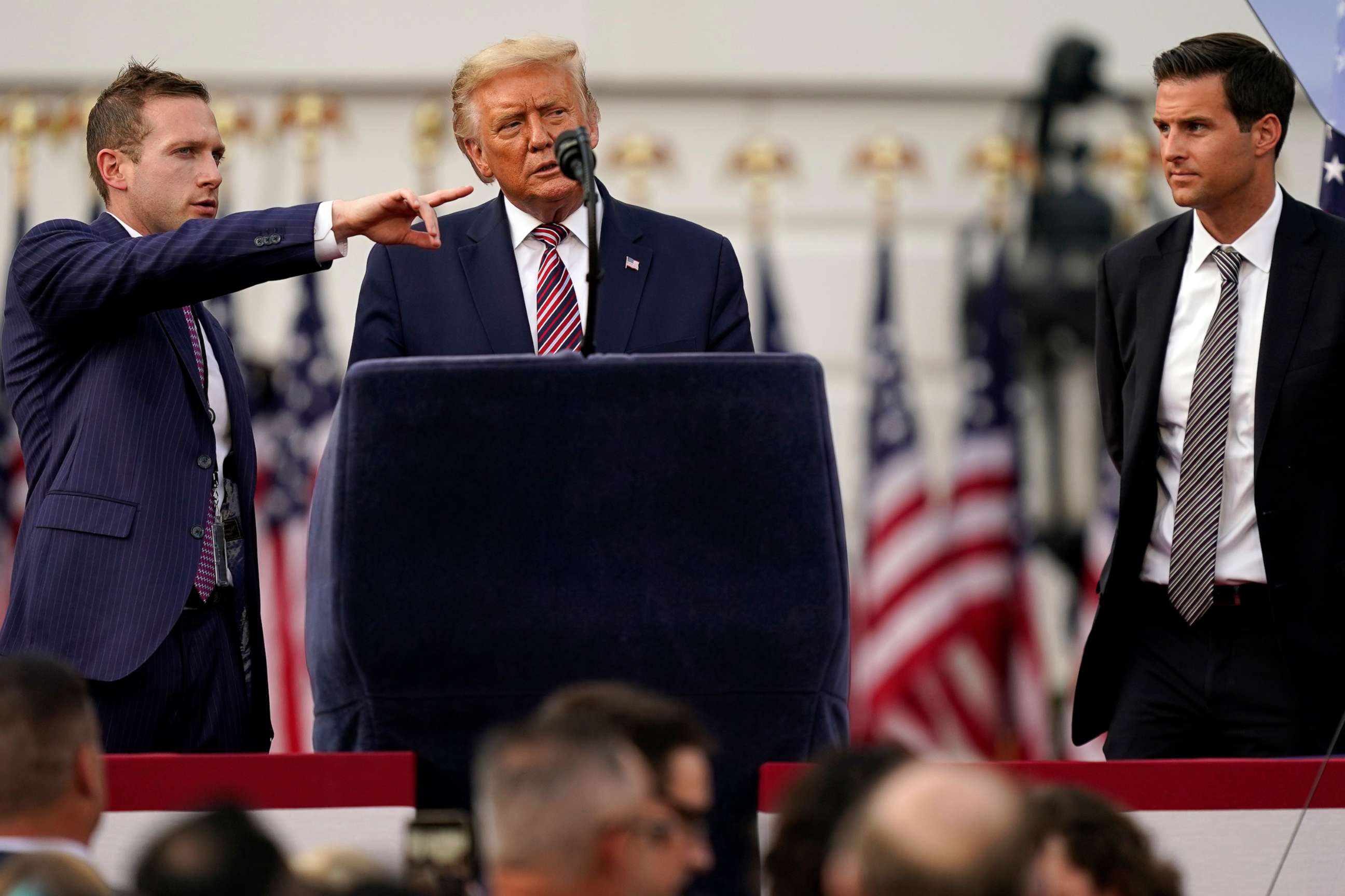 PHOTO: President Donald Trump checks the stage before his speech from the South Lawn of the White House on the fourth day of the Republican National Convention,  Aug. 27, 2020, in Washington.