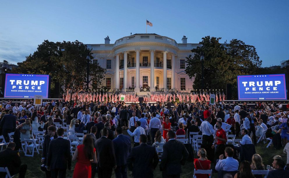 PHOTO: A crowd of supporters wait for President Donald Trump to deliver his acceptance speech during the final event of the 2020 Republican National Convention on the South Lawn of the White House, Aug. 27, 2020.
