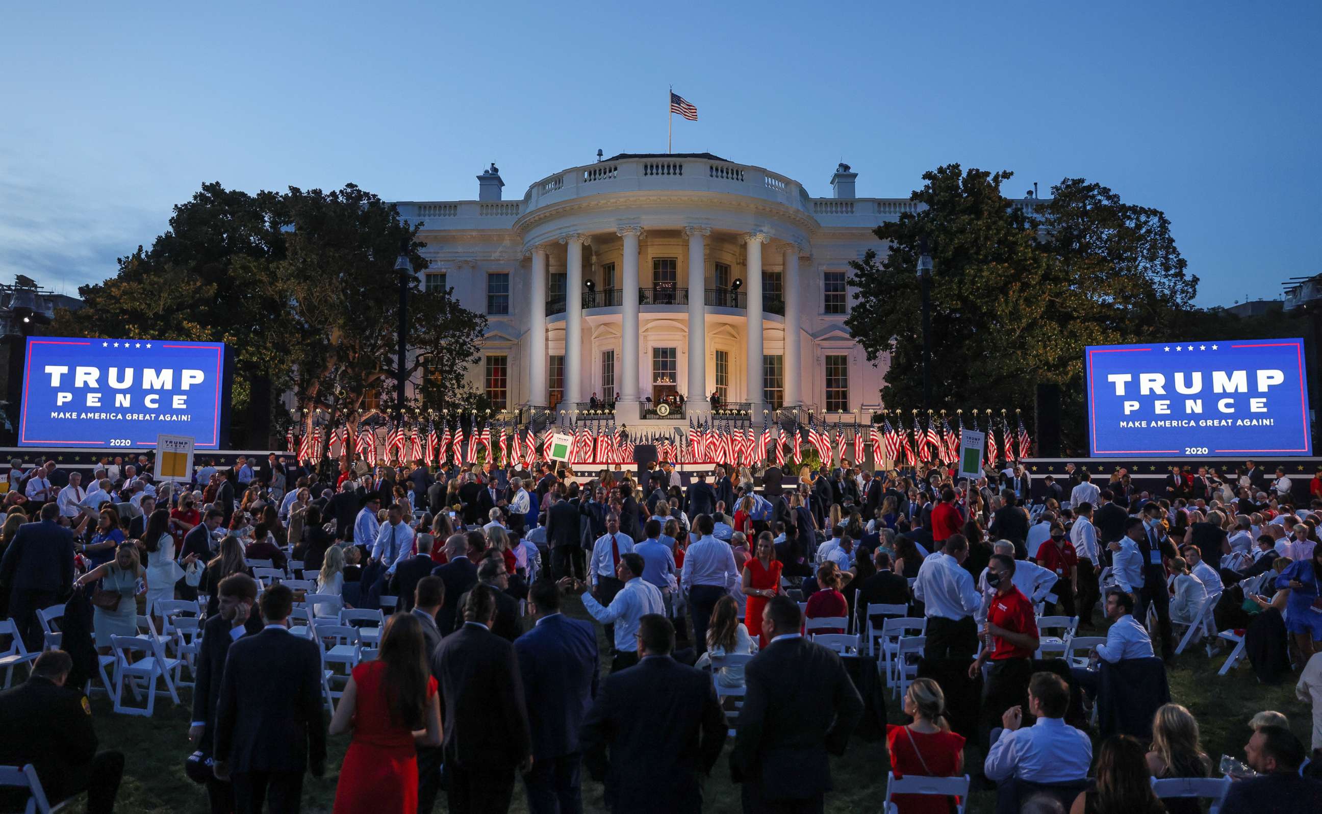 PHOTO: A crowd of supporters waits for President Donald Trump to deliver his acceptance speech during the final event of the 2020 Republican National Convention on the South Lawn of the White House in Washington, Aug. 27, 2020.