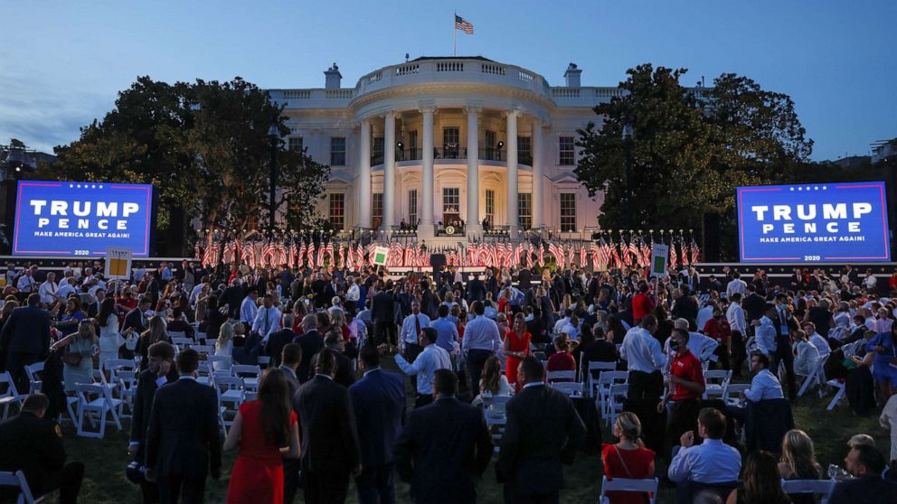 PHOTO: A crowd of supporters waits for President Donald Trump to deliver his acceptance speech during the final event of the 2020 Republican National Convention on the South Lawn of the White House in Washington, Aug. 27, 2020.