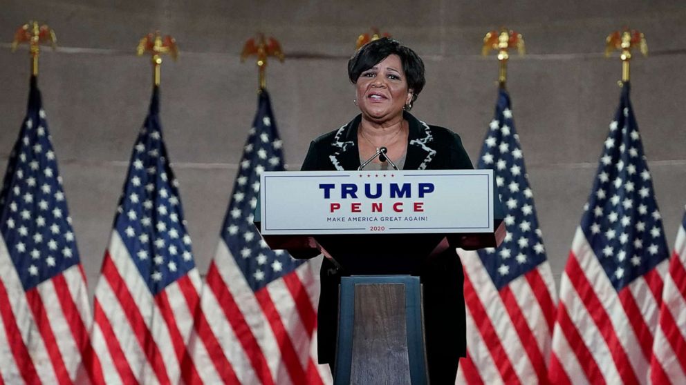 PHOTO: Alice Johnson, who was pardoned by President Donald Trump, tapes her speech for the fourth day of the Republican National Convention from the Andrew W. Mellon Auditorium in Washington, Aug. 27, 2020.