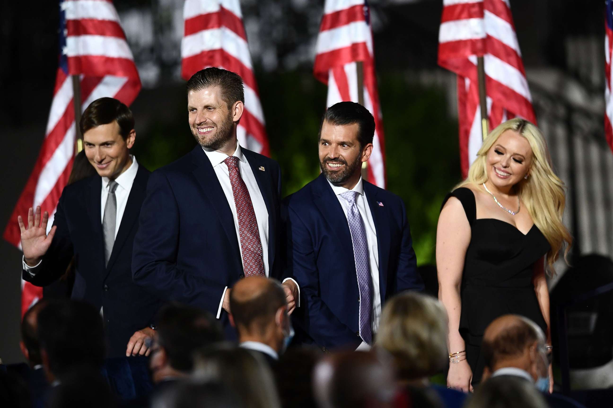 PHOTO: Jared Kushner, Eric Trump, Donald Trump Jr. and Tiffany Trump are seen onstage during the final day of the Republican National Convention at the South Lawn of the White House in Washington, Aug. 27, 2020.