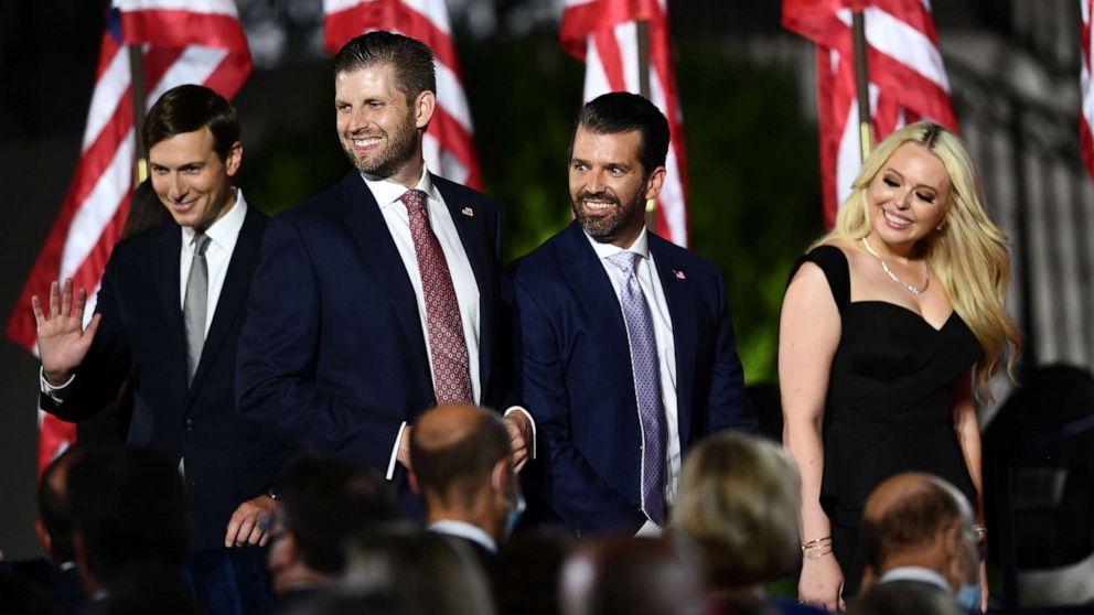 PHOTO: Jared Kushner, Eric Trump, Donald Trump Jr. and Tiffany Trump are seen onstage during the final day of the Republican National Convention at the South Lawn of the White House in Washington, Aug. 27, 2020.