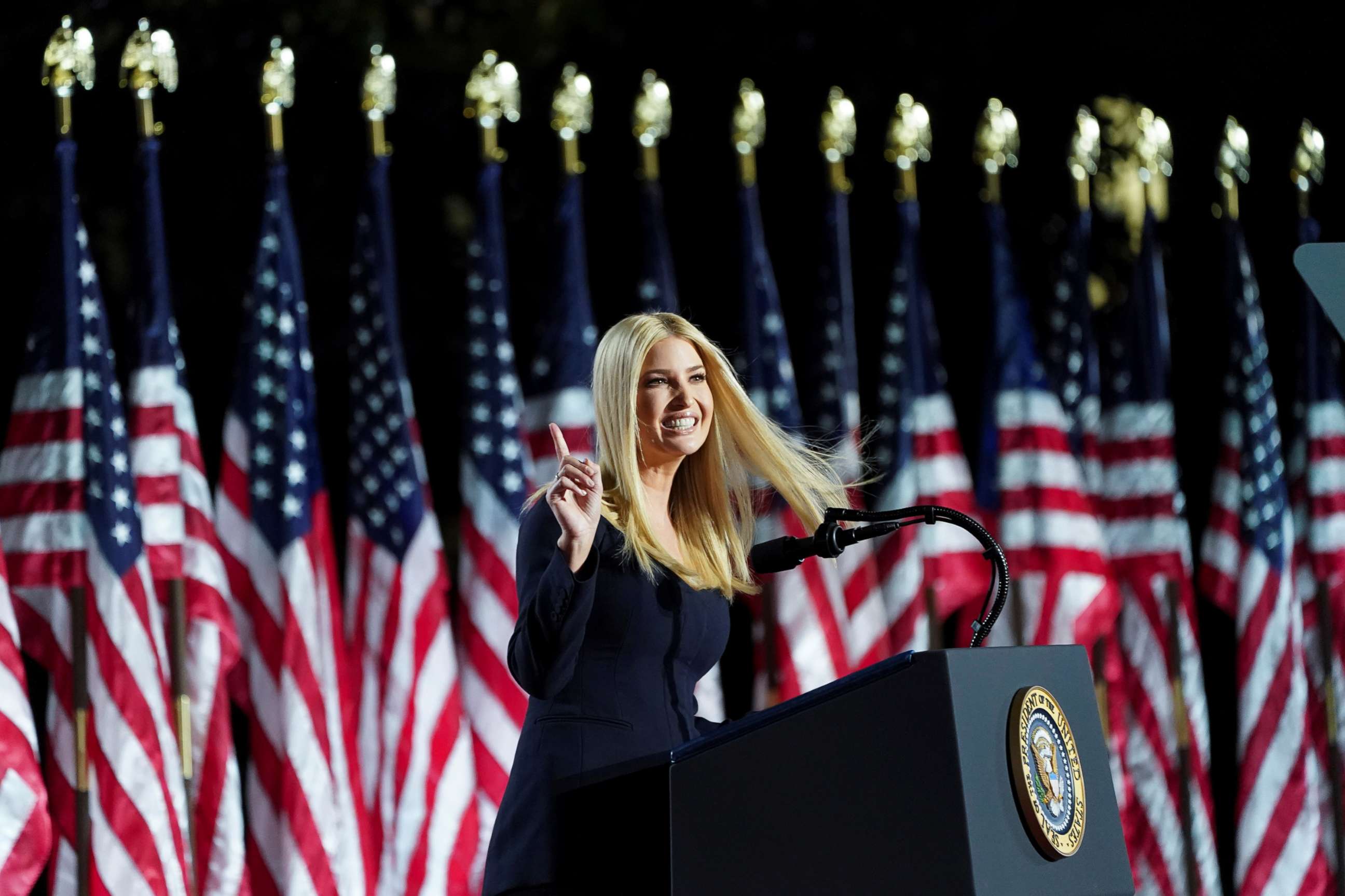 PHOTO: White House Senior Adviser Ivanka Trump speaks during the final event of the Republican National Convention on the South Lawn of the White House in Washington, Aug. 27, 2020.