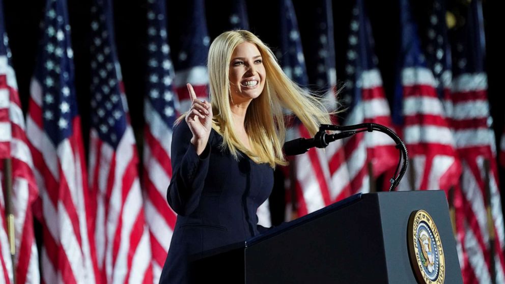PHOTO: White House Senior Adviser Ivanka Trump speaks during the final event of the Republican National Convention on the South Lawn of the White House in Washington, Aug. 27, 2020.