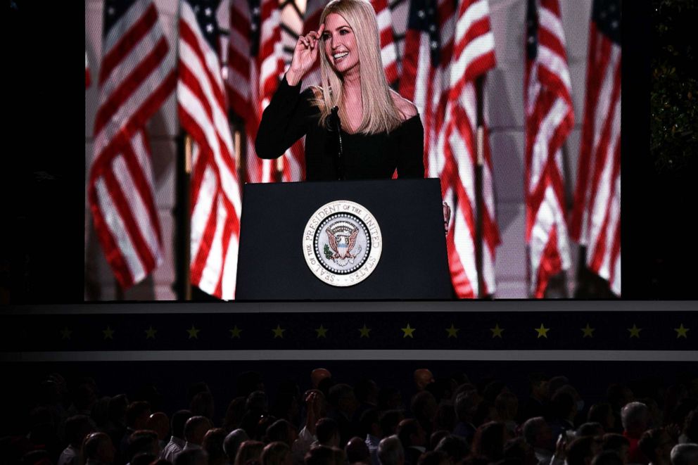 PHOTO: Ivanka Trump, daughter and Advisor to the president, is shown on a screen as she speaks during the final day of the Republican National Convention from the South Lawn of the White House on Aug. 27, 2020, in Washington.