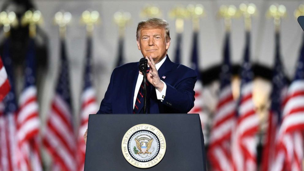 PHOTO: President Donald Trump delivers his acceptance speech for the Republican Party nomination for reelection during the final day of the Republican National Convention at the White House on Aug. 27, 2020, in Washington.