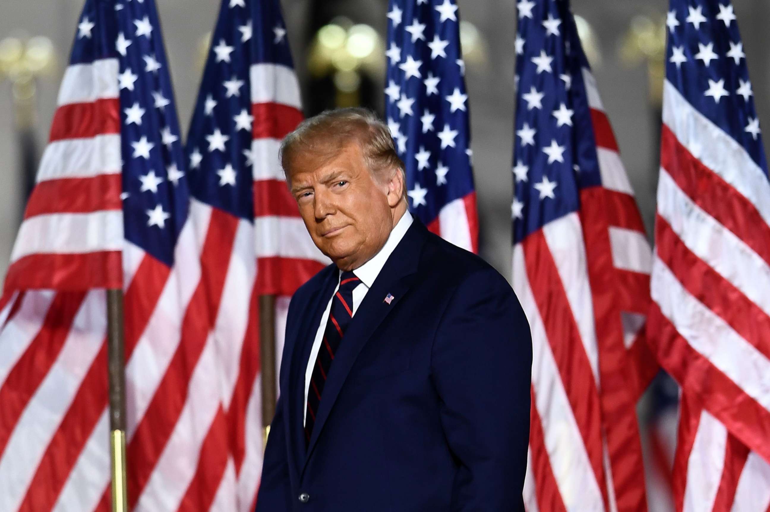 PHOTO: President Donald Trump arrives to deliver his acceptance speech for the Republican Party nomination for reelection during the final day of the Republican National Convention at the South Lawn of the White House in Washington, Aug. 27, 2020.