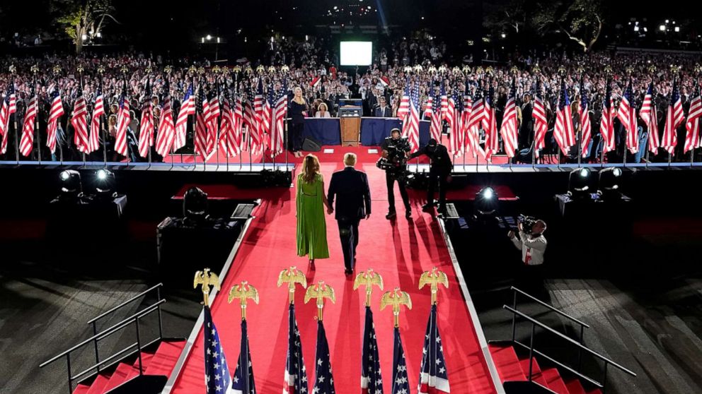 PHOTO: President Trump and first lady Melania Trump arrive for his acceptance speech for the Republican National Convention from the South Lawn of the White House in Washington, Aug. 27, 2020.