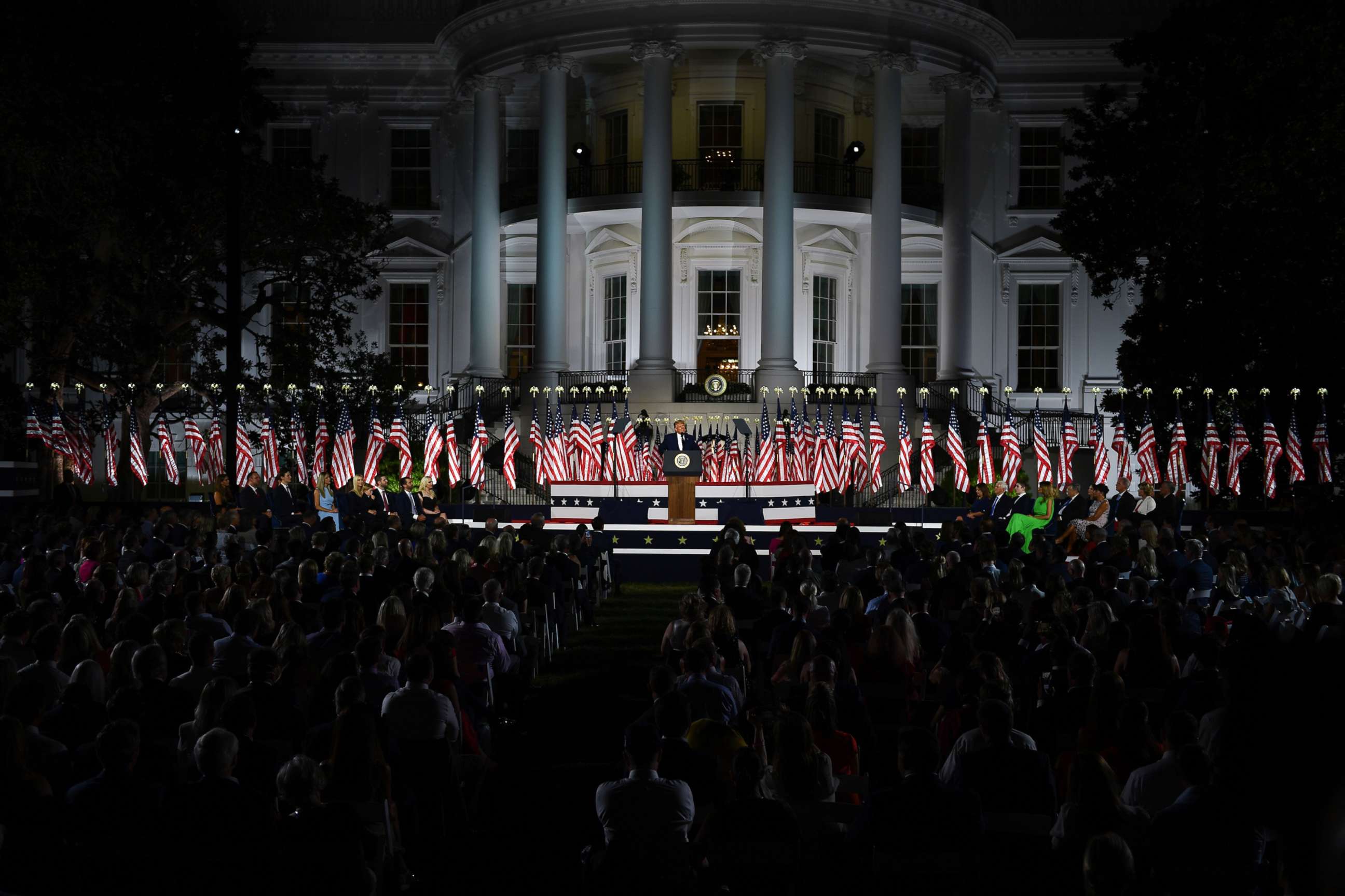 PHOTO: President Donald Trump delivers his acceptance speech for the Republican Party nomination for reelection during the final day of the Republican National Convention from the South Lawn of the White House on Aug. 27, 2020, in Washington.