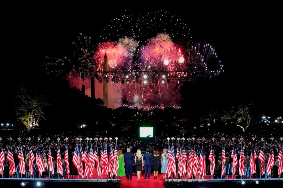 PHOTO: President Donald Trump and family members stand to watch fireworks after the president delivered his acceptance speech on the final day of the Republican National Convention from the South Lawn of the White House on Aug. 27, 2020, in Washington.