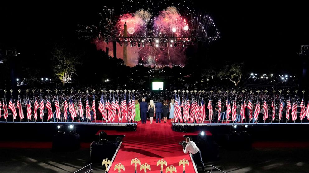 PHOTO: Fireworks spell out "2020" as President Donald Trump and his family watch a fireworks display after he delivered his acceptance speech for the Republican National Convention from the South Lawn of the White House, Aug. 27, 2020.