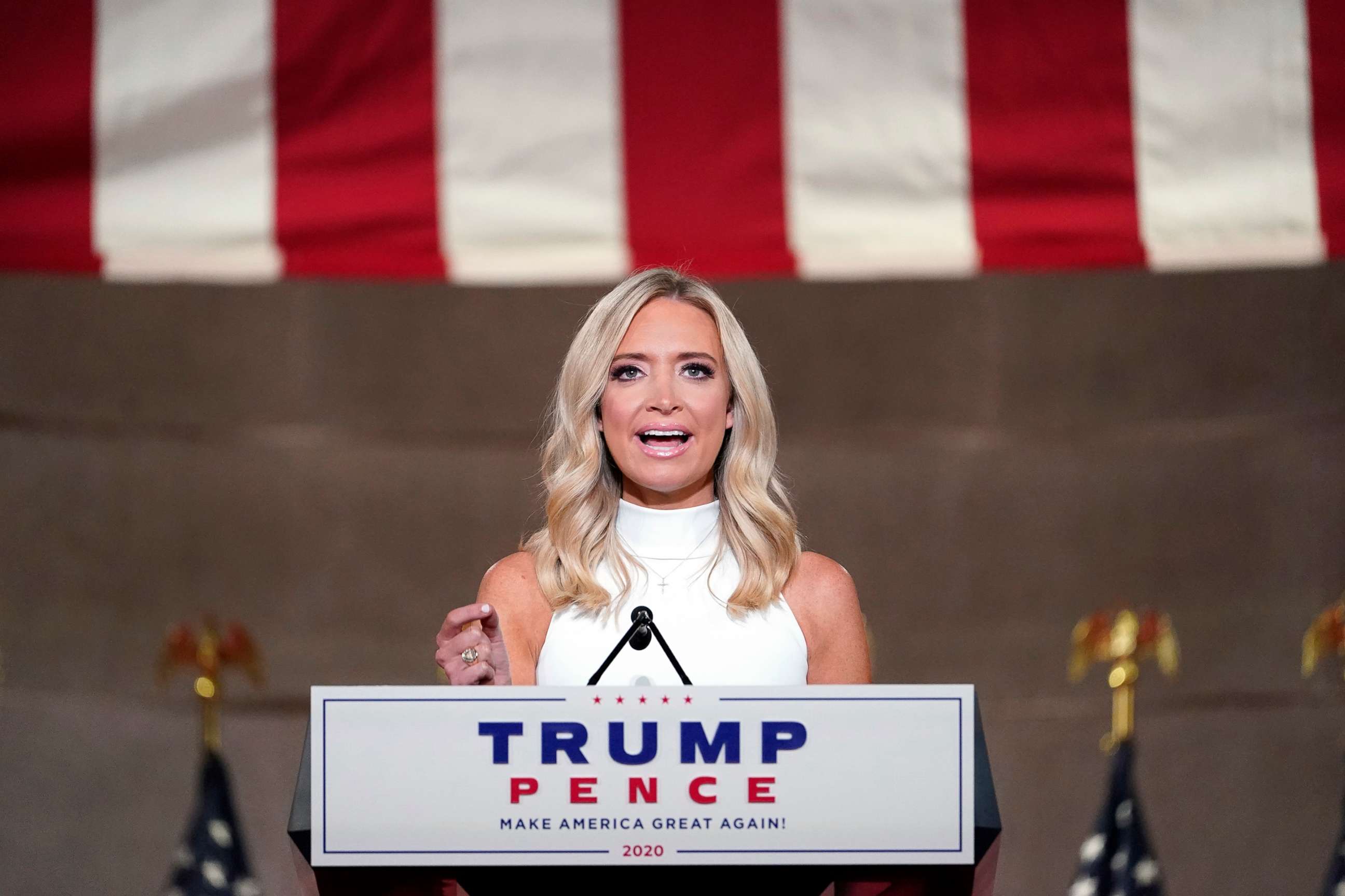 PHOTO: White House press secretary Kayleigh McEnany tapes her speech for the third day the Republican National Convention from the Andrew W. Mellon Auditorium in Washington, Aug. 26, 2020.