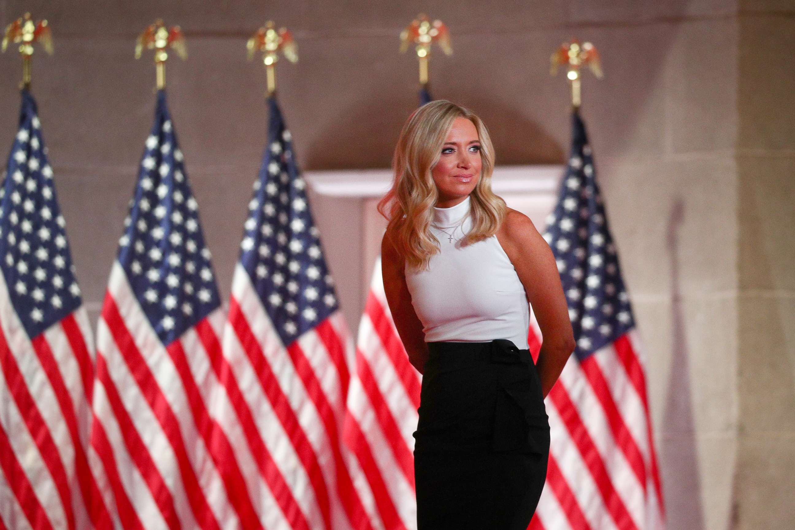 PHOTO: White House Press Secretary Kayleigh McEnany departs after delivering a pre-recorded address to the largely virtual 2020 Republican National Convention from the Mellon Auditorium in Washington, Aug. 26, 2020.