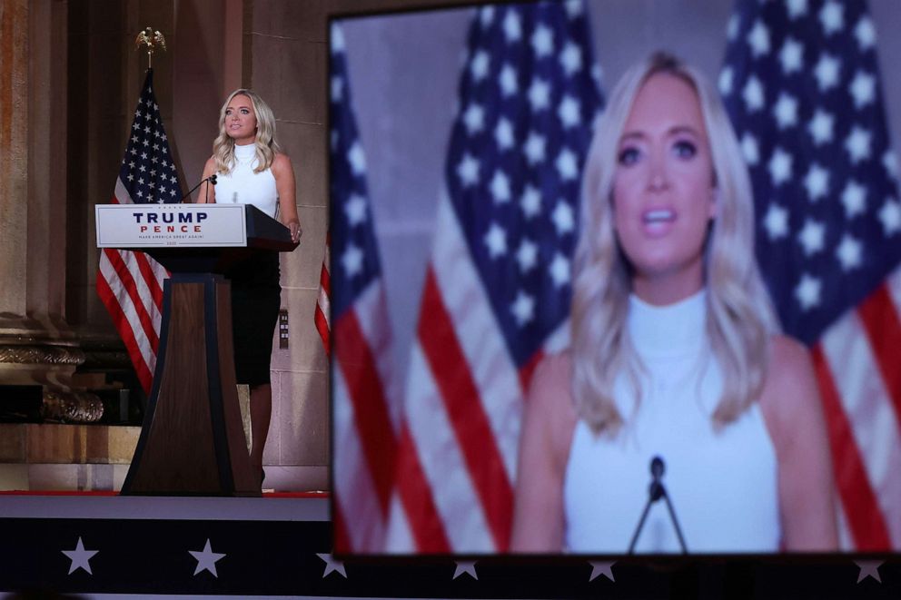 PHOTO: White House Press Secretary Kayleigh McEnany pre-records her address to the Republican National Convention from inside the Mellon Auditorium on Aug. 26, 2020, in Washington.