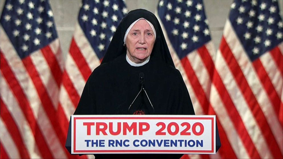 PHOTO: Sister Deirdre Byrne speaks on the third night of the 2020 Republican National Convention, Aug. 26, 2020.