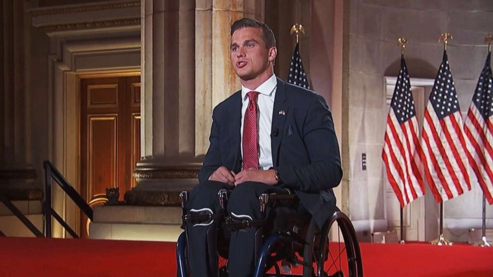 PHOTO: Madison Cawthorn, Republican nominee for North Carolina's 11th Congressional District, speaks during the third night of the 2020 Republican National Convention, Aug. 26, 2020.